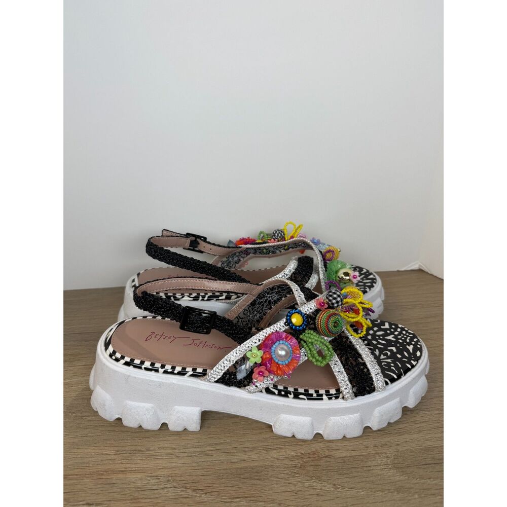 Betsey Johnson Black & White Platform Sandals with Multicolor Embellishments - Picture 6 of 9